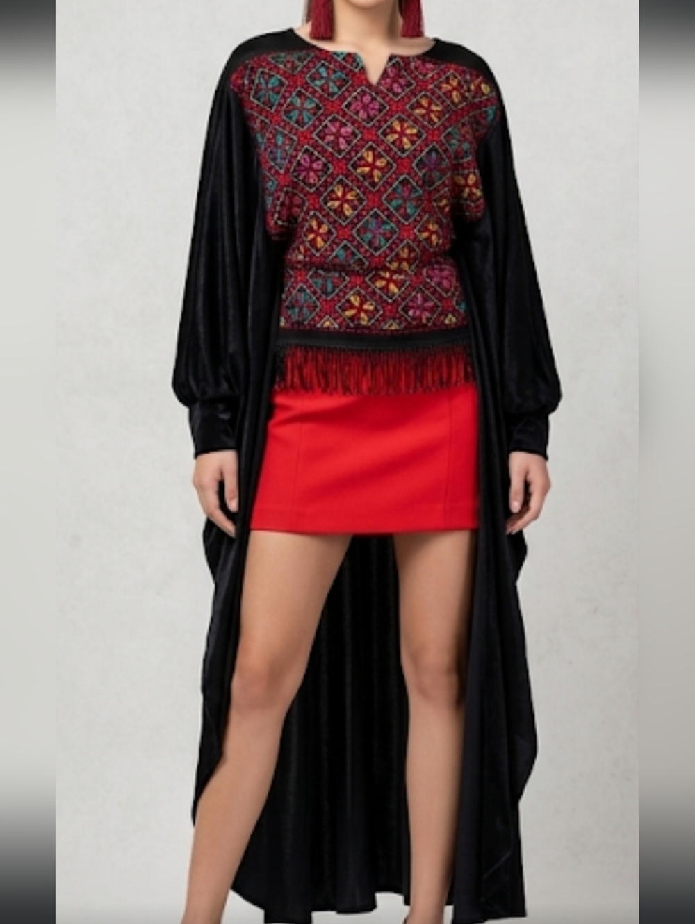 Hand Embroidery High Low Top In Velvet